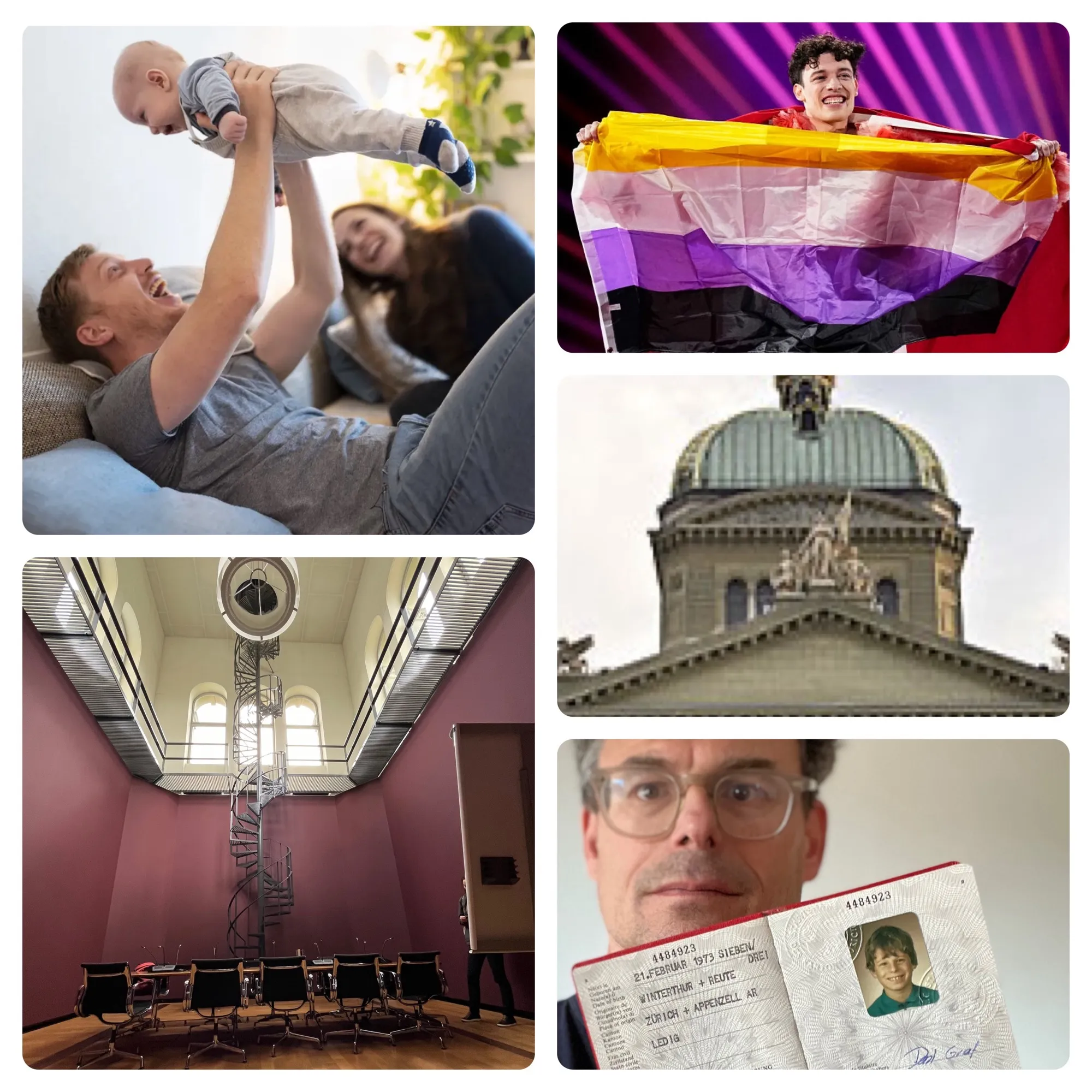 Collage: Vater hebt lachend ein Baby hoch, Nemo mit nicht binärer Flagge, die Bundeshauskuppel, ein Sitzungszimmer mit Wendeltreppe und Daniel Graf mit seinem alten Pass ohne Geschlechtseintrag