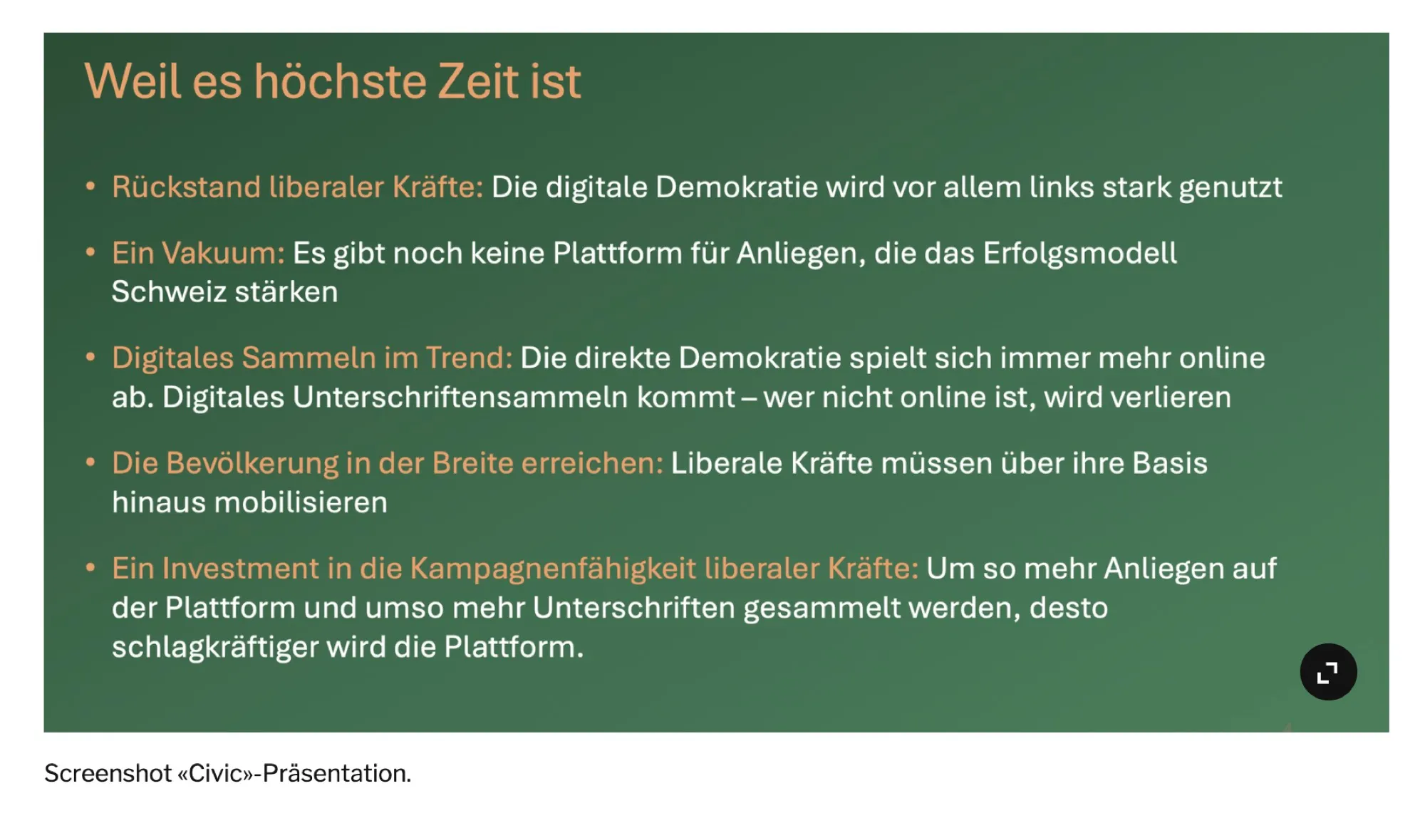 Folie «Weil es höchste Zeit ist» aus der Civic-Präsentation von Economiesuisse mit fünf Gründen, darunter Rückstand liberaler Kräfte und digitales Sammeln im Trend