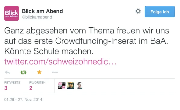 Bild zum Beitrag ‹Crowdfunding-Inserat heute im Blick am Abend›