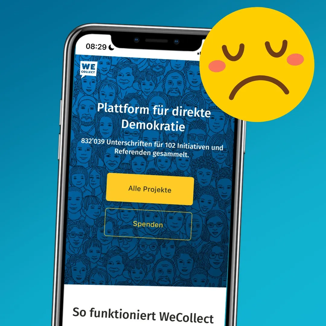 Smartphone mit der WeCollect-Startseite und trauriges Emoji