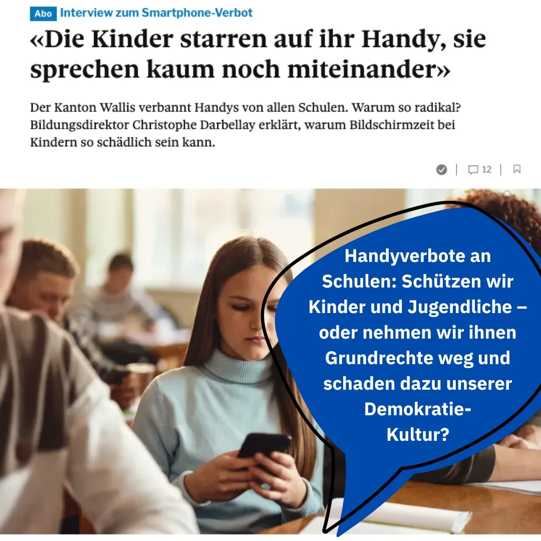 Zeitungsausschnitt zum Smartphone-Verbot mit Schülerin am Handy und Sprechblase mit der Leitfrage des Beitrags
