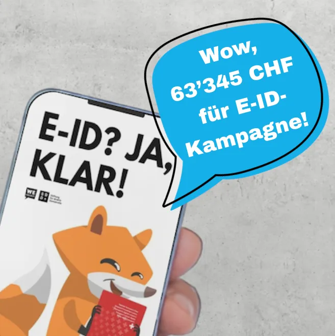 Smartphone mit Fuchs-Maskottchen und «E-ID? Ja, klar!», Sprechblase: «Wow, 63’345 CHF für E-ID-Kampagne!»