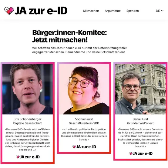 Webseite «JA zur e-ID»: Bürger:innen-Komitee mit Erik Schönenberger, Sophie Fürst und Daniel Graf